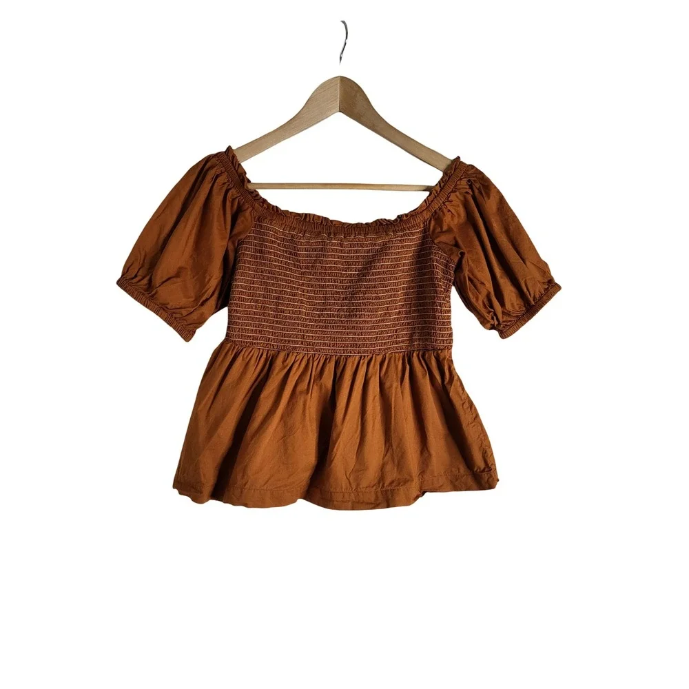 Old Navy Rust Brown Smocked Peplum Puff Sleeve Top Square Neck Medium